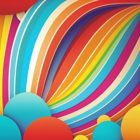 Artistic abstract colorful artwork bright stripe pattern design for wall poster, carpet, area rug, cover, duvet cover, curtain, pillow, bedding, shawl, linens, frame, border. Digital generated painting in retro style.の素材