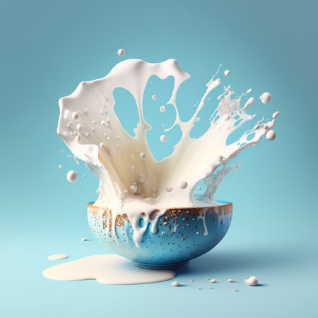 Milk splash. Fresh milk swirl pouring and splashing in blue bowl. Realistic digital illustration.の素材