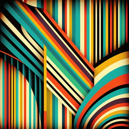Artistic abstract colorful artwork bright stripe pattern design for wall poster, carpet, area rug, cover, duvet cover, curtain, pillow, bedding, shawl, linens, frame, border. Digital generated painting in retro style.の素材