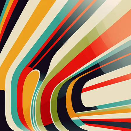 Artistic abstract colorful artwork bright stripe pattern design for wall poster, carpet, area rug, cover, duvet cover, curtain, pillow, bedding, shawl, linens, frame, border. Digital generated painting in retro style.の素材