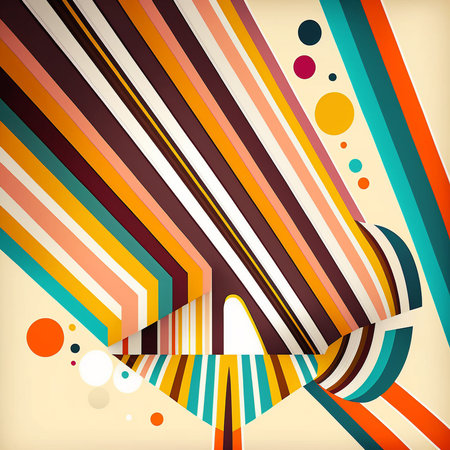 Artistic abstract colorful artwork bright stripe pattern design for wall poster, carpet, area rug, cover, duvet cover, curtain, pillow, bedding, shawl, linens, frame, border. Digital generated painting in retro style.の素材