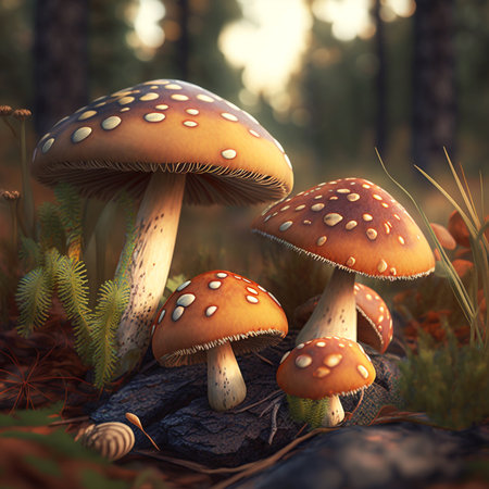 Amanita muscari, fly agaric beautiful red-headed hallucinogenic toxic mushrooms in the forest. Realistic digital generated illustration.の素材