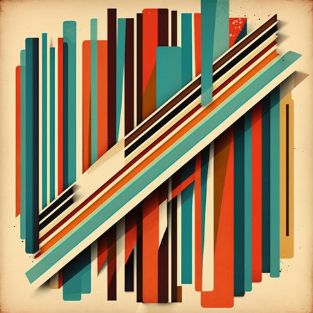 Artistic abstract colorful artwork bright stripe pattern design for wall poster, carpet, area rug, cover, duvet cover, curtain, pillow, bedding, shawl, linens, frame, border. Digital generated painting in retro style.の素材