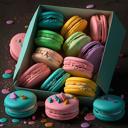 Cakes macaron or macaroon in blue box on rustic table, colorful bright cookies. Digital generated illustration.の素材