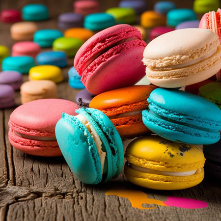 Cake macaron or macaroon stack on wooden table, colorful bright cookies closeup. Digital generated illustration.の素材