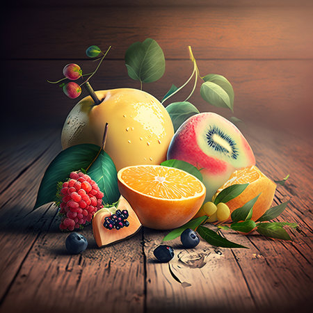 Assortment of exotic fresh fruits on rustic wooden table. Digital generated illustration.の素材