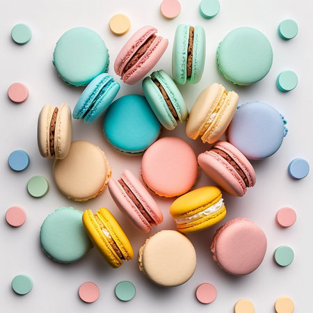 Cakes macaron or macaroon on light background, colorful vibrant almond cookies, brightl colors. Digital generated illustration.の素材