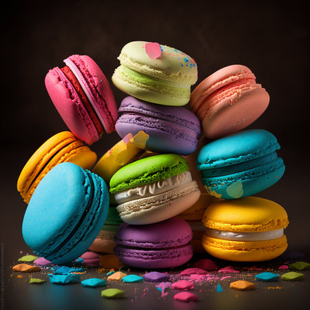 Cakes macaron or macaroon stack on dark background, colorful vibrant almond cookies, bright colors. Digital generated illustration.の素材