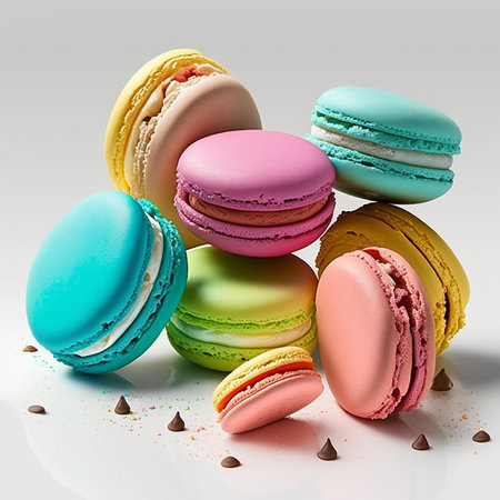 Cakes macaron or macaroon stack on light background, colorful vibrant almond cookies, bright colors. Digital generated illustration.の素材