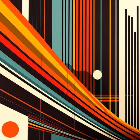 Artistic abstract colorful artwork bright stripe pattern design for wall poster, carpet, area rug, cover, duvet cover, curtain, pillow, bedding, shawl, linens, frame, border. Digital generated painting in retro style.の素材