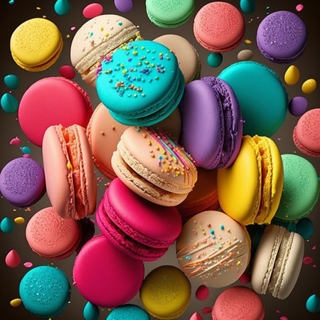 Cakes macaron or macaroon closeup like background, colorful vibrant almond cookies, bright colors. Digital generated illustration.の素材