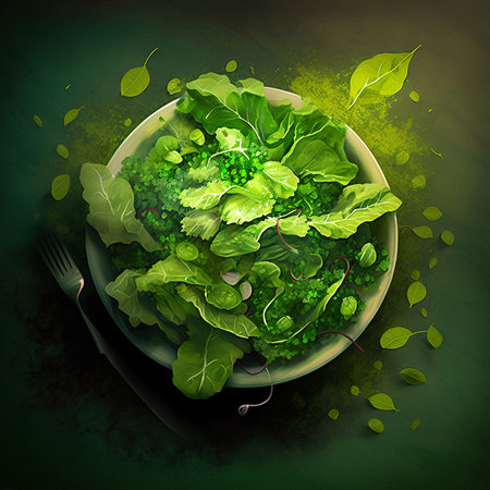 Green vegan breakfast meal in bowl with spinach, arugula, avocado, seeds and sprouts on dark background. Clean eating, dieting, vegan food concept. Digital generated.の素材