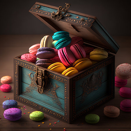 Cakes macaron or macaroon in wooden vintage box on rustic table, colorful bright cookies. Digital generated illustration.の素材