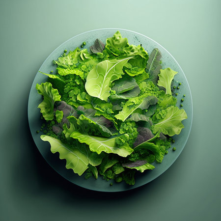 Green vegan breakfast meal in bowl with spinach, arugula, avocado, seeds and sprouts on green background. Clean eating, dieting, vegan food concept. Digital generated.の素材