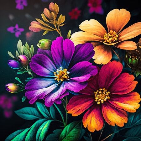 Original floral vibrant design with exotic flowers and tropic leaves. Colorful flowers on dark background. Digital generated illustration.の素材