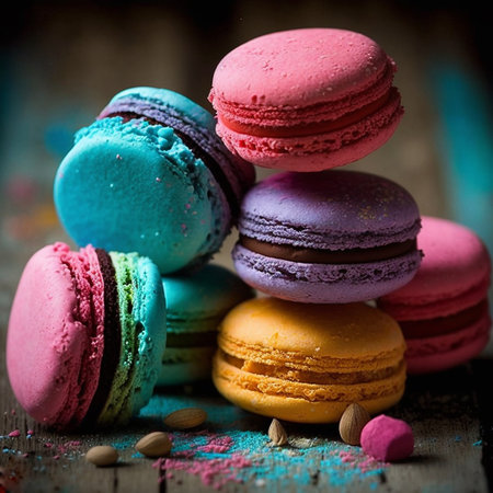 Cakes macaron or macaroon stack on dark background, colorful vibrant almond cookies, bright colors. Digital generated illustration.の素材