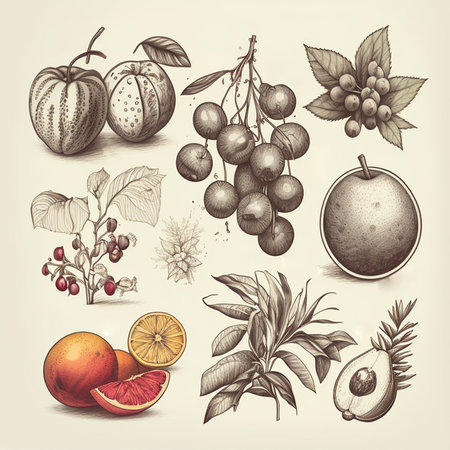 Hand drawn sketch vintage style fruits and berries set. Black and white retro digital generated illustration.の素材