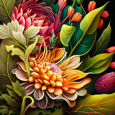 Original floral vibrant design with exotic flowers and tropic leaves. Colorful flowers on dark background. Digital generated illustration.の素材