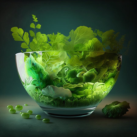 Green vegan breakfast meal in bowl with spinach, arugula, avocado, seeds and sprouts on dark background. Clean eating, dieting, vegan food concept. Digital generated.の素材