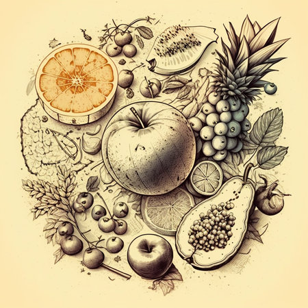 Hand drawn sketch vintage style fruits and berries set. Black and white retro digital generated illustration.の素材