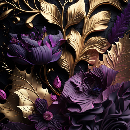 Purple and golden abstract flower Illustration for prints, wall art, cover and invitation. Watercolor art background. Digital generated wallpaper design with flower art.の素材
