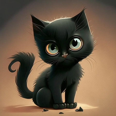 Black kitten on dark background with large eyes in cartoon style. Digital generated illustration.の素材