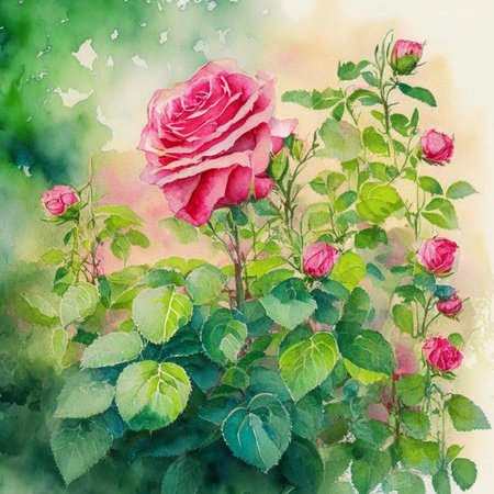 Beautiful pink roses garden. Spring flower background, pink rores bush. Digital generated.の素材