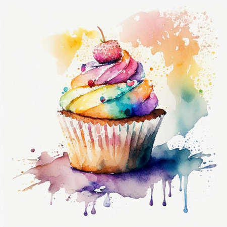 Colorful watercolor cupcake decorated with fruits. Delicious vanilla cake with cream. Digital generated illustration.の素材
