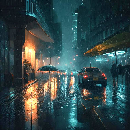 Night city in the rain with reflections on wet street. Digital generated.の素材