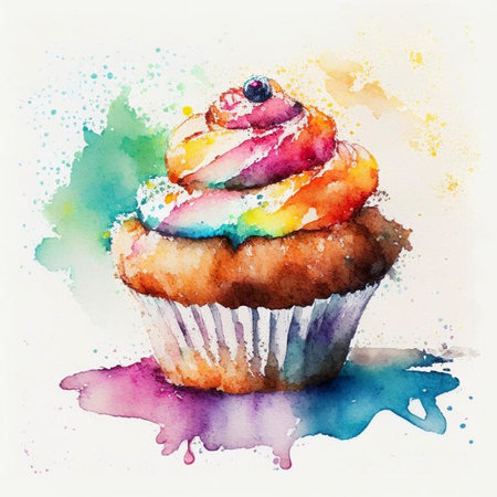 Colorful watercolor cupcake decorated with fruits and berries. Delicious vanilla cake with cream. Digital generated illustration.の素材