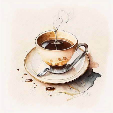 Watercolor drawing ceramic cup of hot coffee with milk or cappuccino. Digital generated.の素材