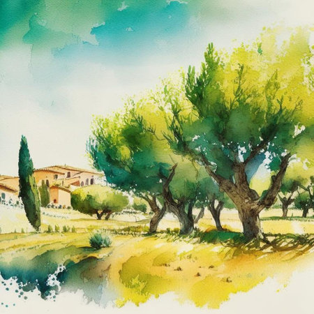 Olive plantation with old olive trees in Italy watercolor illustration. Summer landscape. Digital generated image.の素材