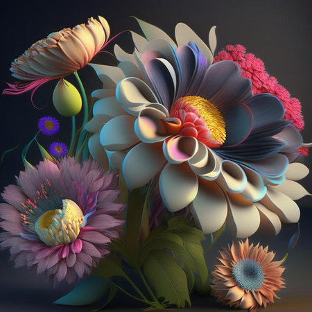 Original floral design with exotic flowers and tropic leaves. Colorful flowers on dark background. Digital generated illustration.の素材