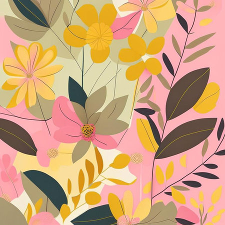 Yellow, orange, green and pink watercolor flowers with stems and leaves. Watercolor art background. Digital generated wallpaper design with flower paint brush line art.の素材