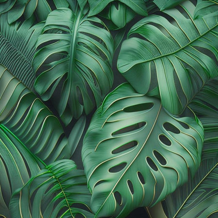 Nature view of green tropical plants leaves background. Dark nature concept. Digital generated.の素材