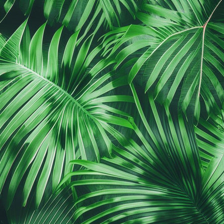 Nature view of green tropical plants leaves background. Dark nature concept. Digital generated.の素材