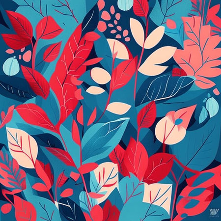 Blue, red, grey and pink watercolor flowers with stems and leaves. Watercolor art background. Digital generated wallpaper design with flower paint brush line art.の素材