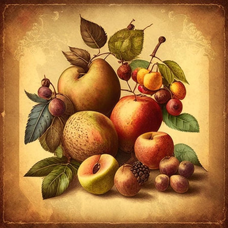 Hand drawn sketch vintage style fruits and berries set. Colorful retro digital generated illustration.の素材