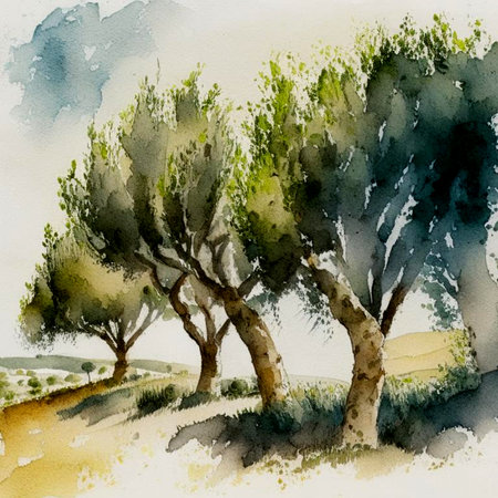 Olive plantation with old olive trees in Italy watercolor illustration. Summer landscape. Digital generated image.の素材