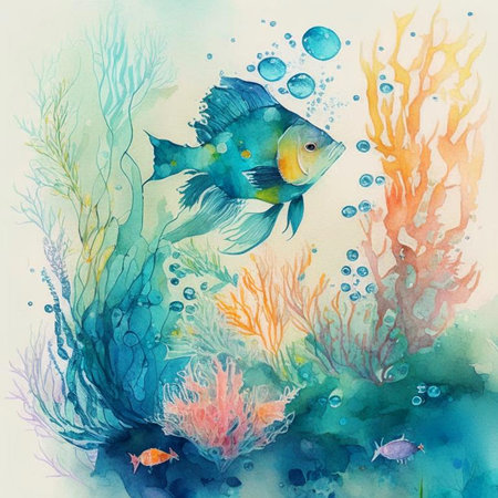 Underwater background with various sea views in watercolor style. Underwater scene. Cute sea fishes ocean underwater animals. Undersea bottom with corals seaweeds digital generated.の素材