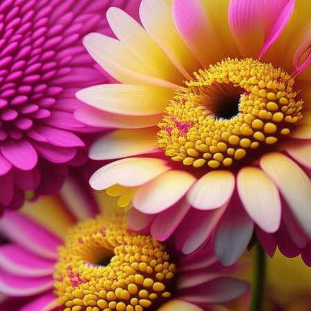 Floral design with exotic pink and yellow flowers macro illustration. Colorful flowers closeup. Digital generated illustration.の素材