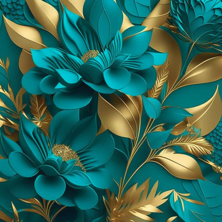 Turquoise and golden abstract flower Illustration for prints, wall art, cover and invitation. Watercolor art background. Digital generated wallpaper design with flower art.の素材