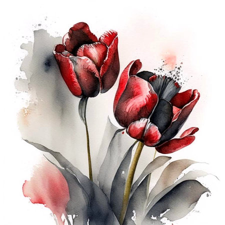Red and black tulips bouquet with stems and leaves. Fresh flowers on light background. Digital generated illustration.の素材