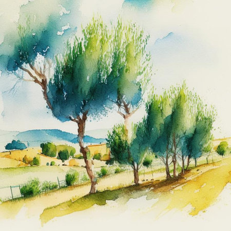 Olive plantation with old olive trees in Italy watercolor illustration. Summer landscape. Digital generated image.の素材