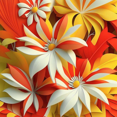 White, yellow and orange flowers with stems and leaves. Digital generated design with flower paint brush line art.の素材