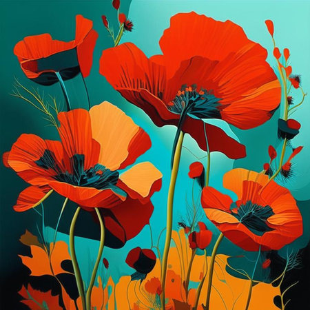 Beautiful poppy field in bright sunlight. Field of wild flowers. The concept of hot summer days, the approach of summer. Blue and teal background. Digital generated.の素材