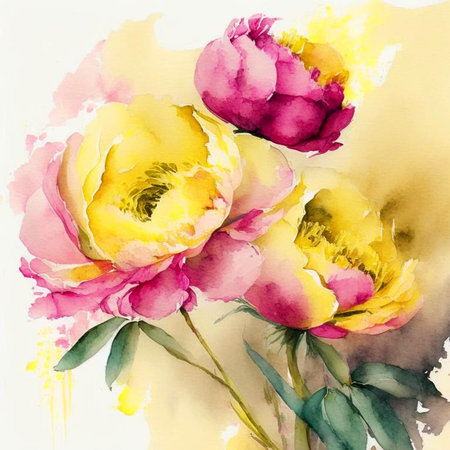 Peony flowers in watercolor style. Yellow and pink peony flowers in bloom as floral art background, wedding decor and luxury branding design. Digital generated illustration.の素材