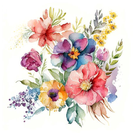 Original floral watercolor design with exotic flowers and tropic leaves. Colorful flowers on white background. Digital generated illustration.の素材