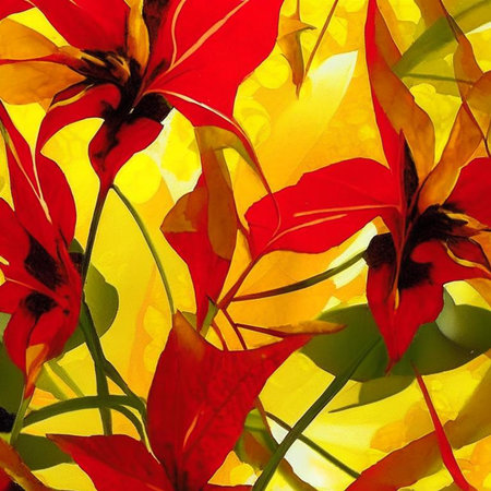 Res, orange and yellow abstract flower Illustration for prints, wall art, cover and invitation. Watercolor art background. Digital generated wallpaper design with flower paint brush line art.の素材