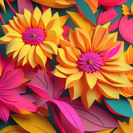 Pink and yellow flowers with stems and leaves. Digital generated design with flower paint brush line art.の素材